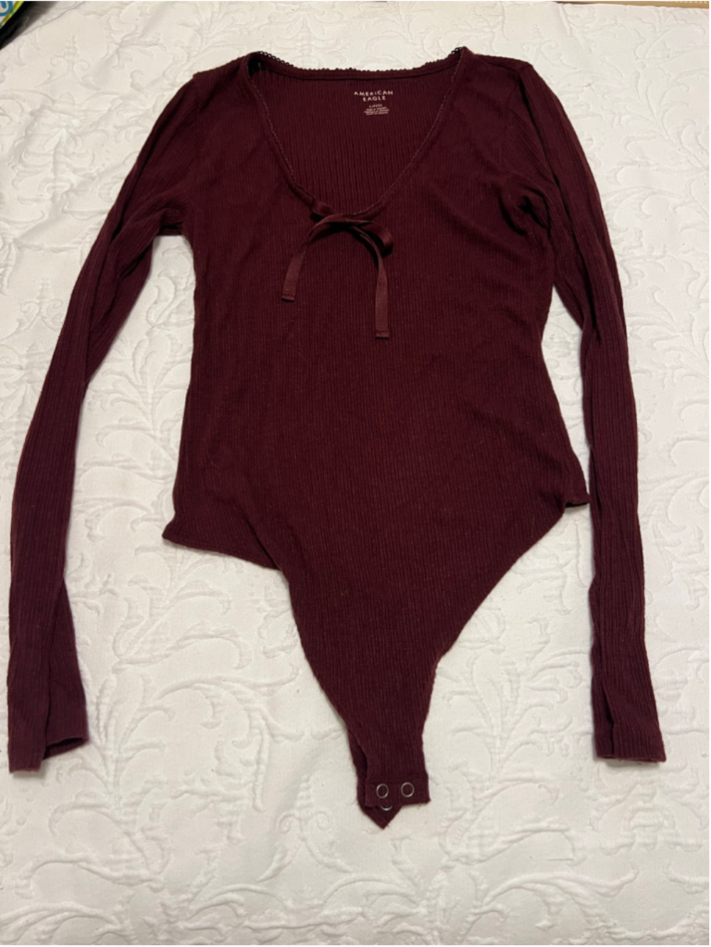 Women's American Eagle Ribbed Bodysuit S Burgundy, feminine, cottage core